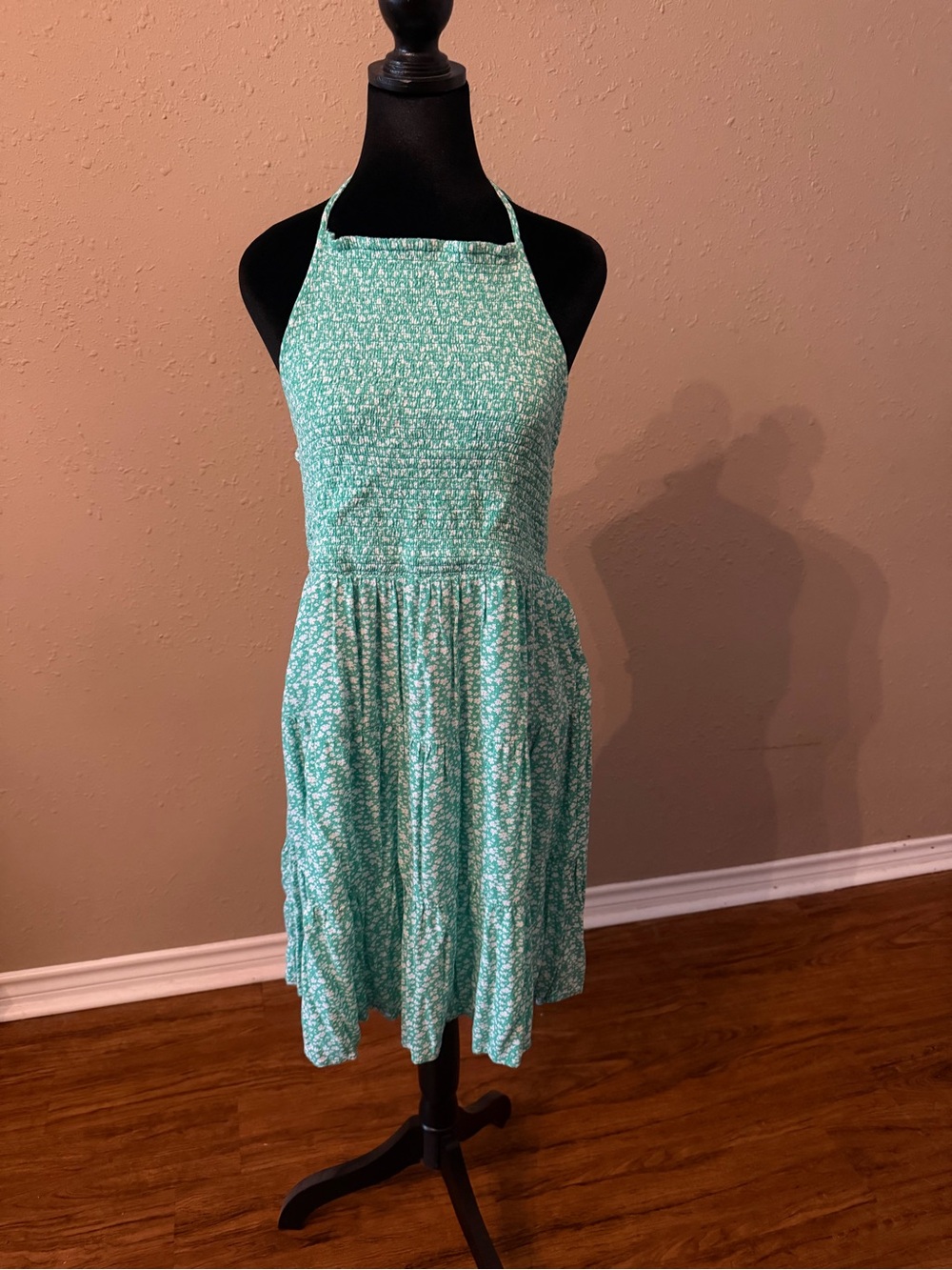 American Eagle Outfitters Mint Green Floral Halter Mini Dress with White Print